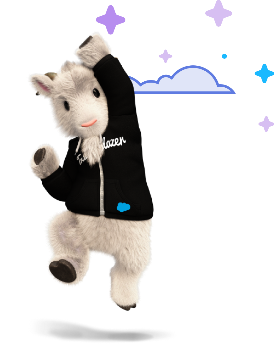 Cloudy the goat leaping into the air and thrusting a hand into the clouds