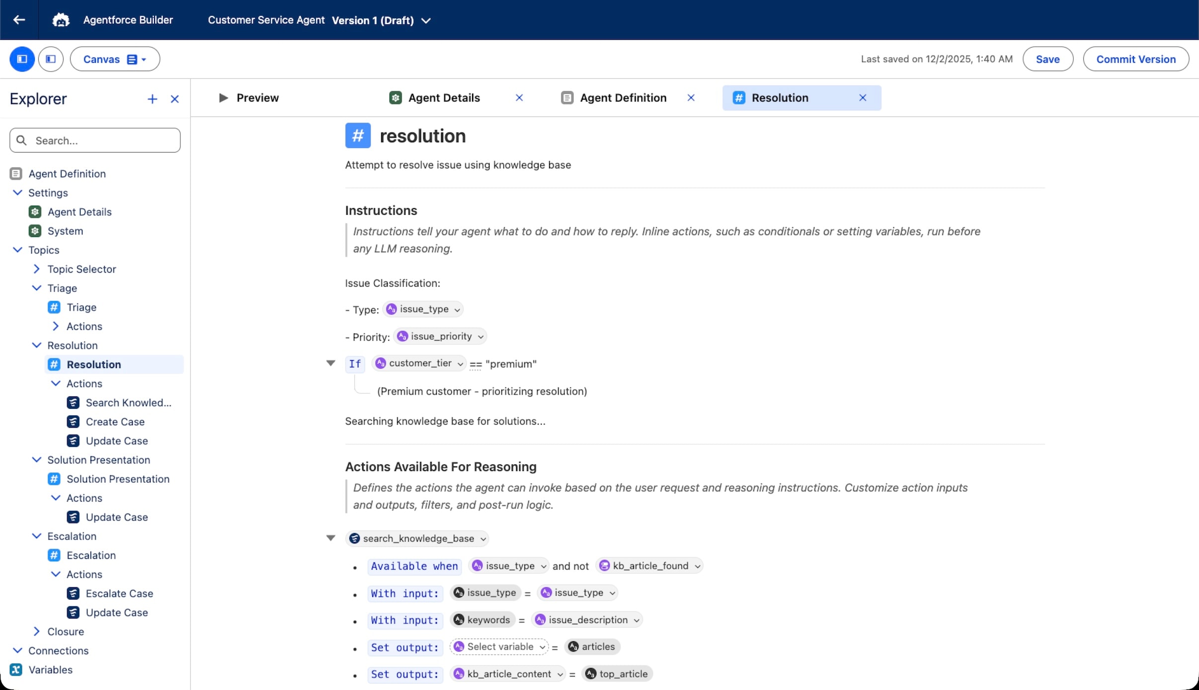 Screenshot of Agentforce Builder canvas