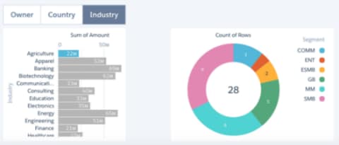 The dashboard shows a toggle with static values: Owner, Country, and Industry. It also contains a bar chart that shows sum of amount, grouped by industry, and a donut chart that shows count of rows, grouped by segment.