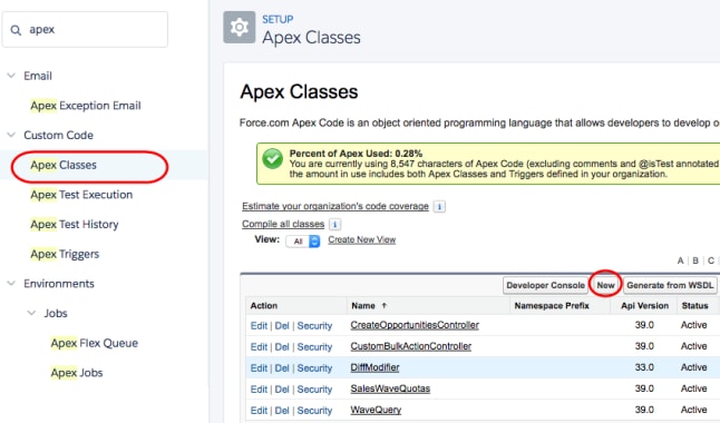 You can create new Apex classes from this page.