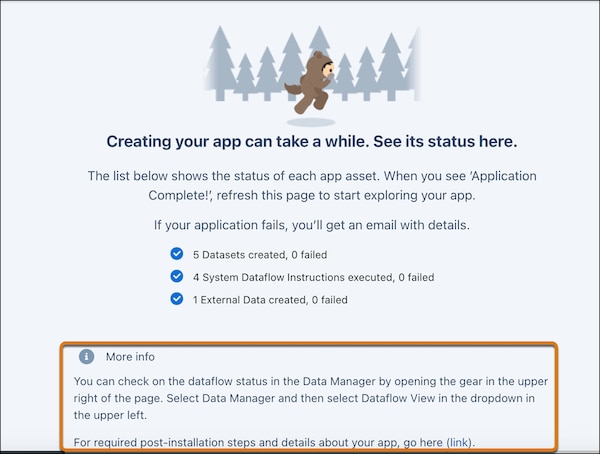 The app landing page showing the app creation progress and the custom displayMessages text.