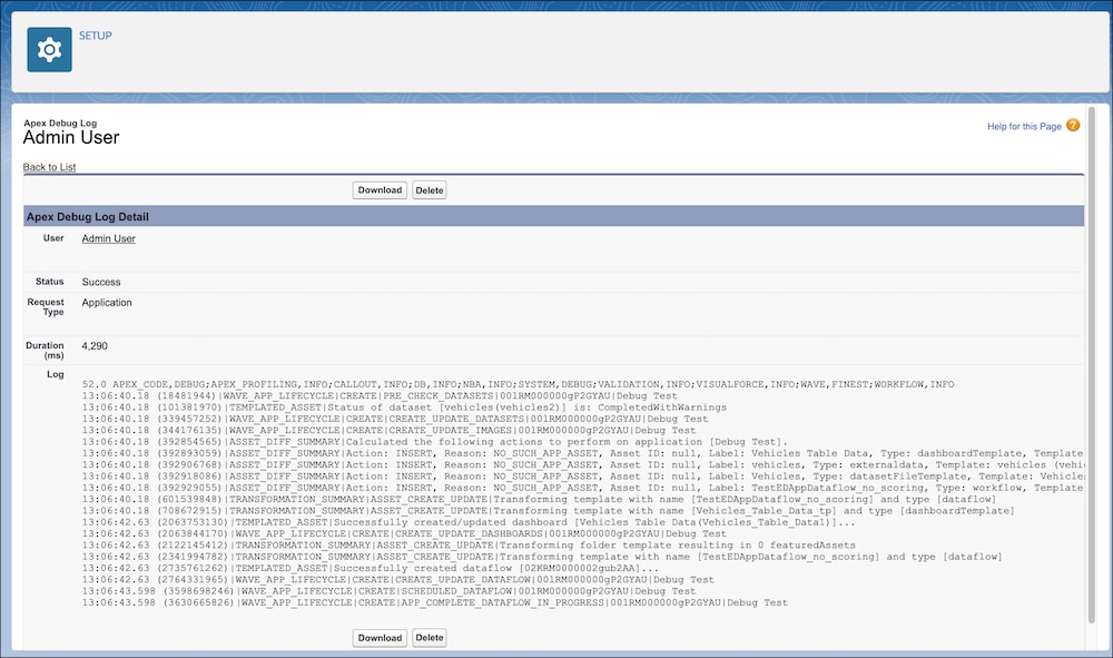 Sample templated app debug log file