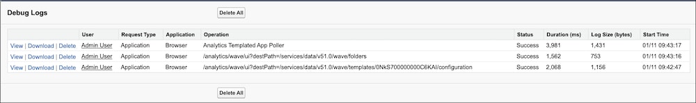 The Debug Logs table with log files