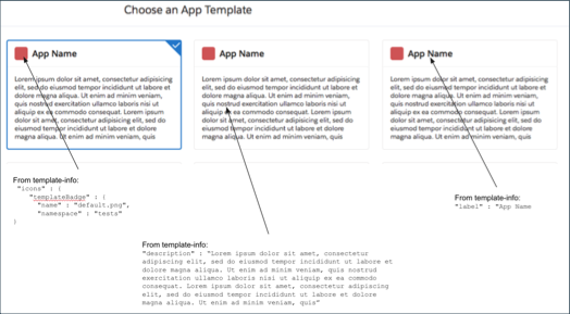 The Analytics Studio template picker showing display of text from icons, description, and label template-info.JSON file