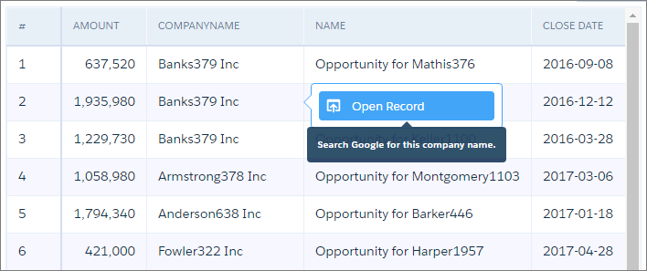 The Open Record link appears in the action menu for each company.