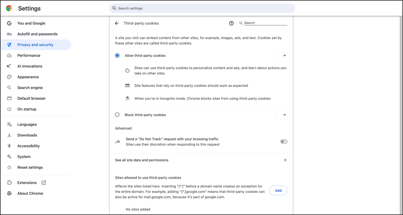 Google Chrome browser settings to enable third-party cookies.