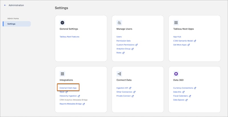 External client app management in Tableau Next Administration