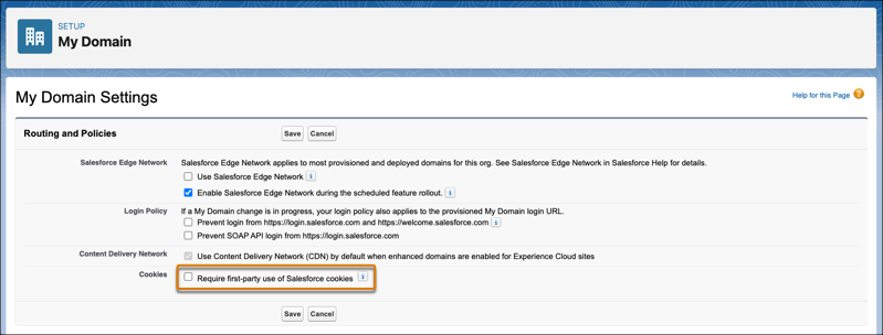 Edit screen for Routing and Policies with cookies disabled