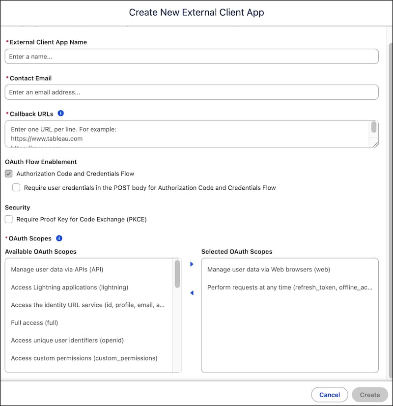 The create external client app window