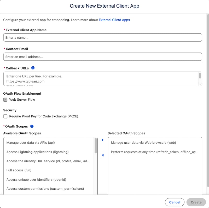 The create external client app window