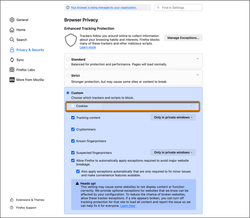 Mozilla Firefox browser settings to enable third-party cookies.
