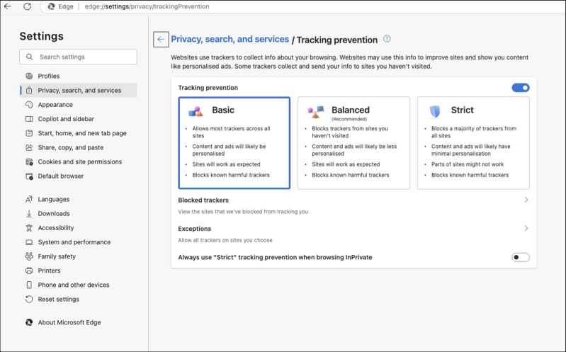 Microsoft Edge browser settings for basic tracking prevention.