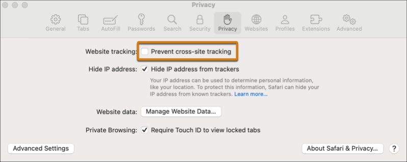 Apple Safari browser privacy settings for cross-site tracking.