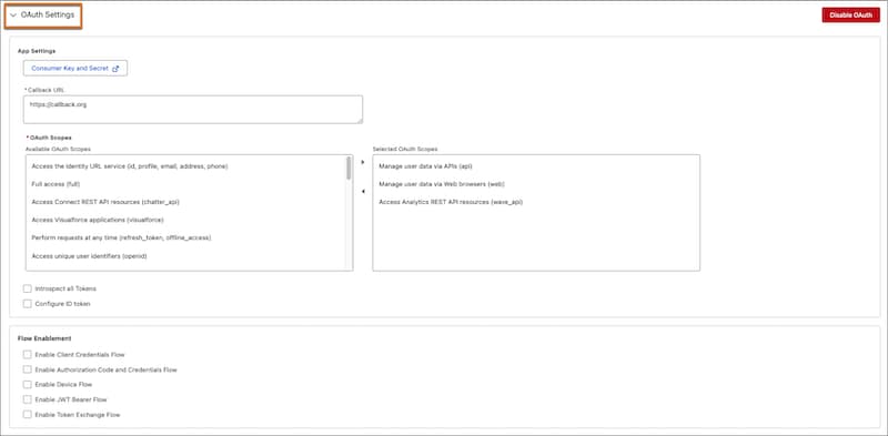 Edit the OAuth settings for an existing external client app.