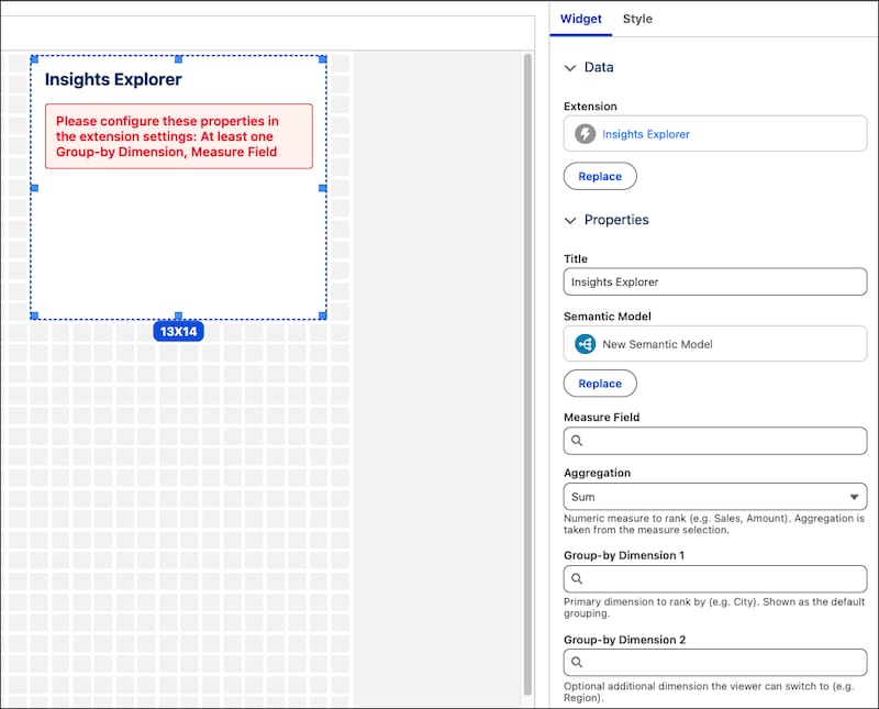 The properties panel for a Tableau Next dashboard extension widget.