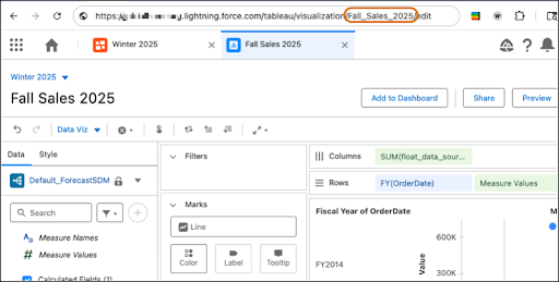 The Fall Sales 2025 visualization with the API name in the URL.