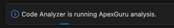 The VS Code progress bar showing a message that Code Analyzer is using ApexGuru to analyze the Apex file.