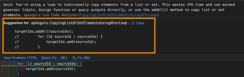 VS Code showing violation window with suggested code change from ApexGuru highlighted.