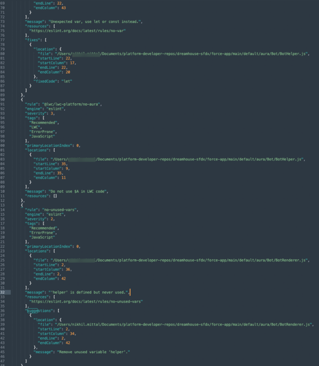 Output file displaying fixes and suggestions for ESLint violations