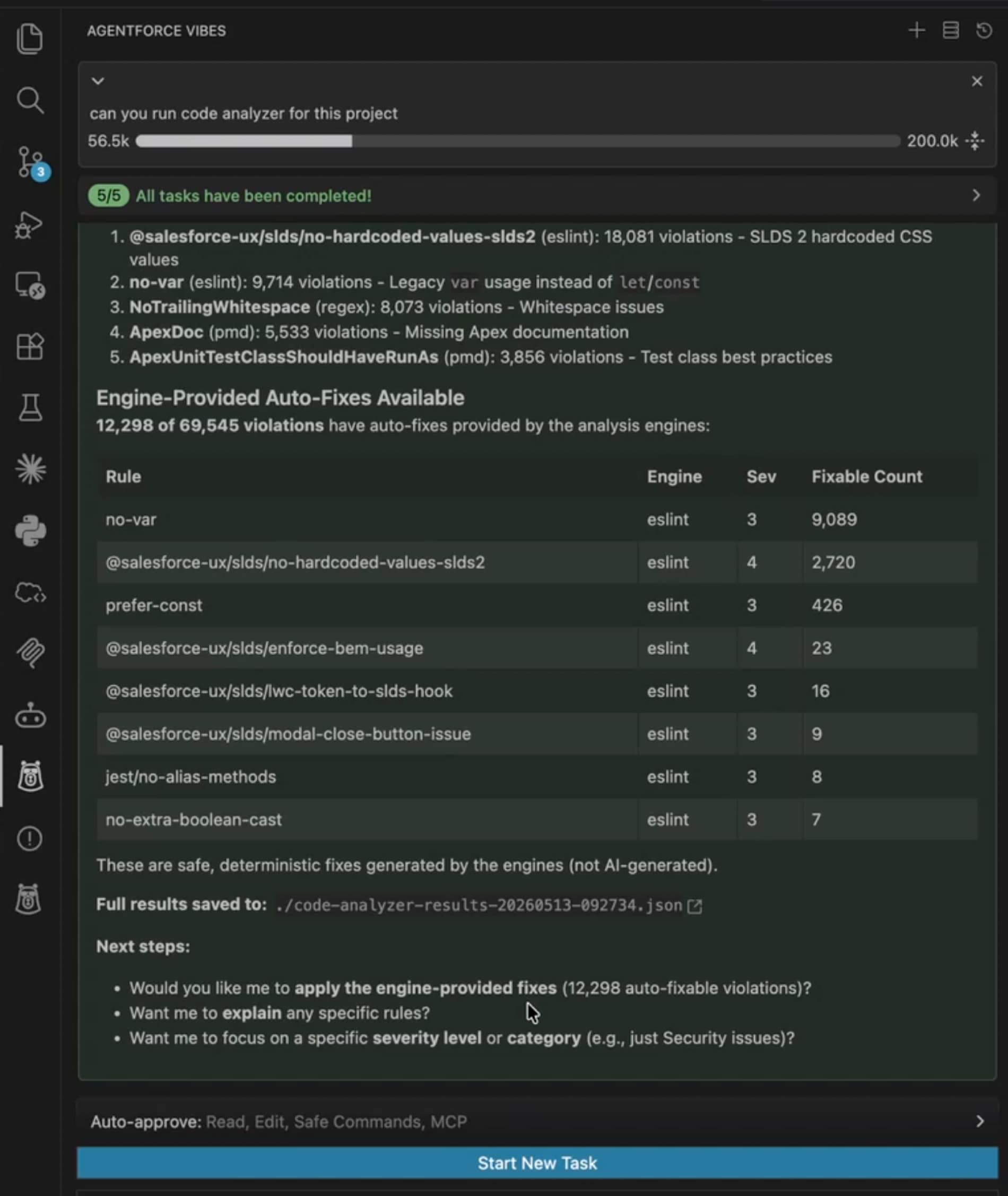 Summary of violations after executing code analyzer scan
