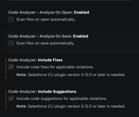 VS Code options to enable fixes and suggestions