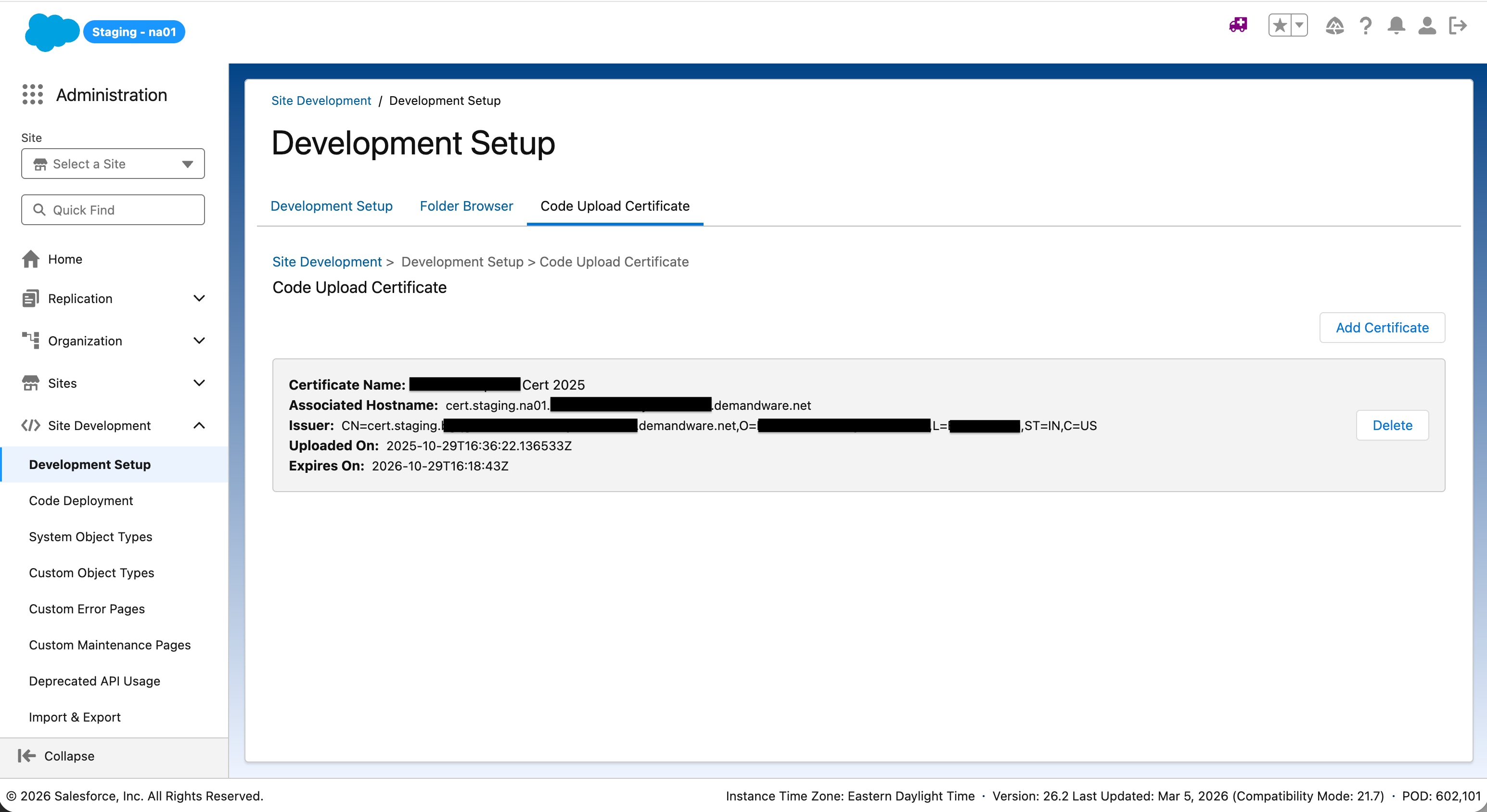 Uploaded Code Deployment Certificate in Site Development