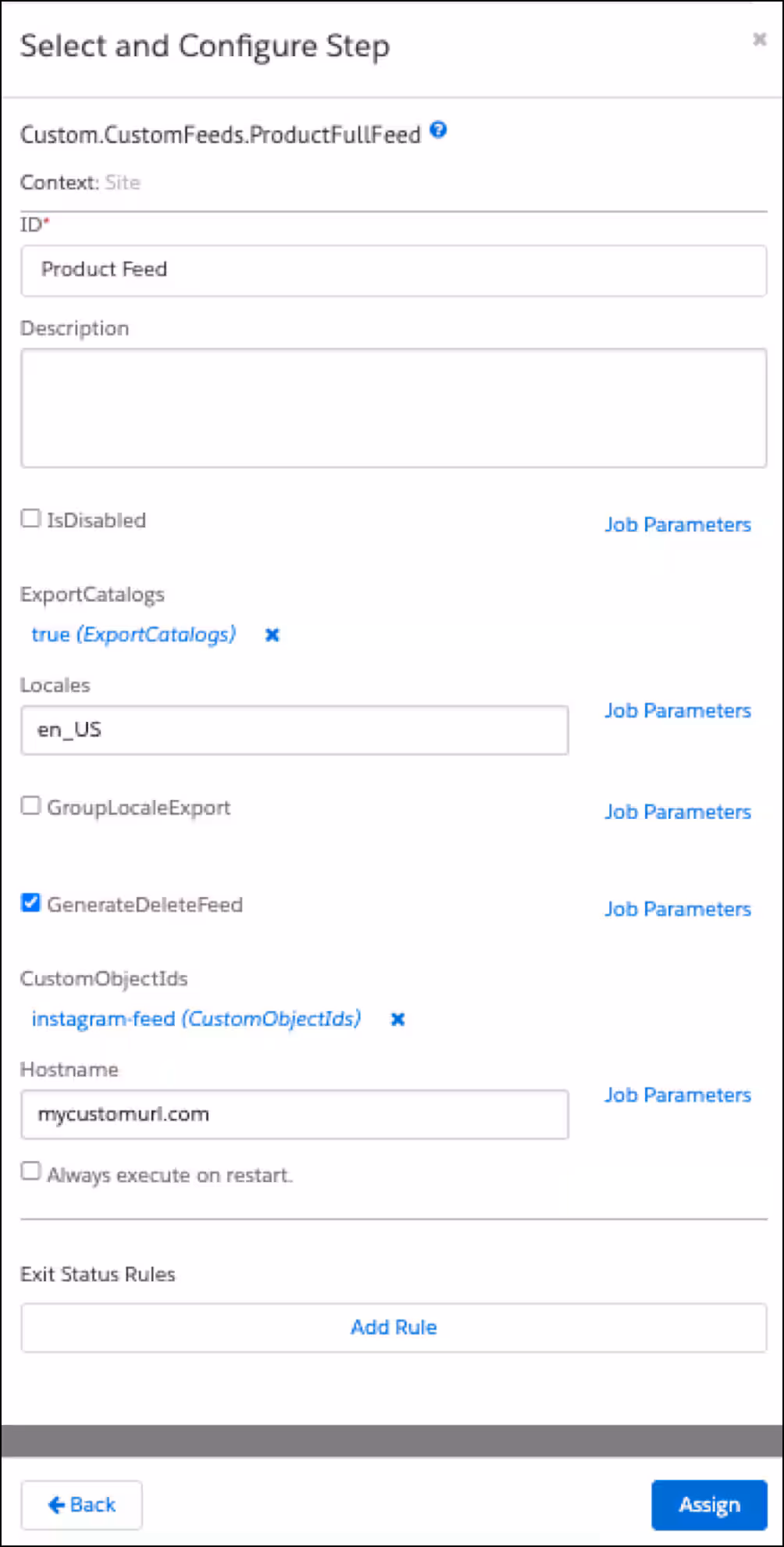 Export Full Feeds job settings