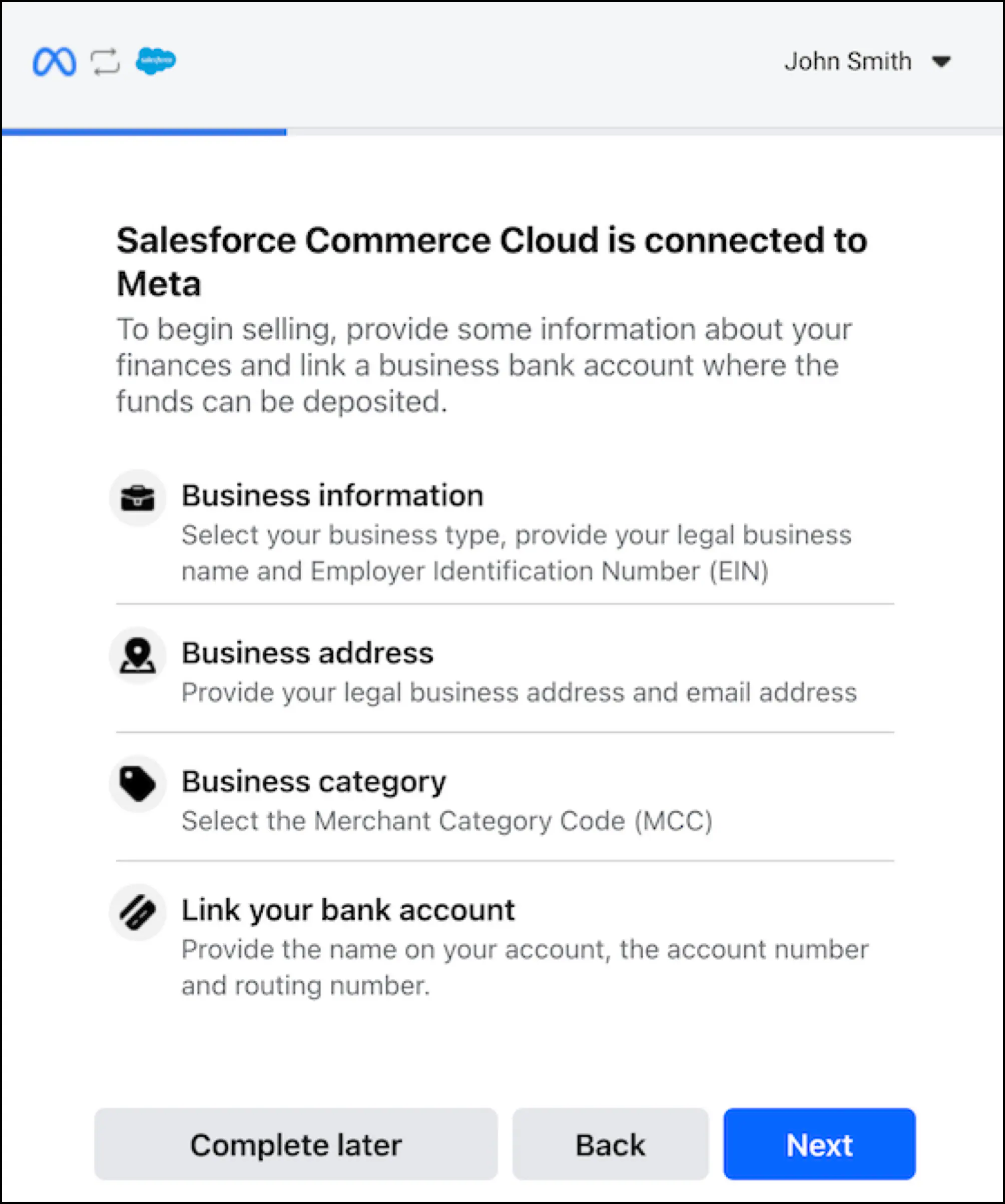 Optional business information, address, category, and bank account