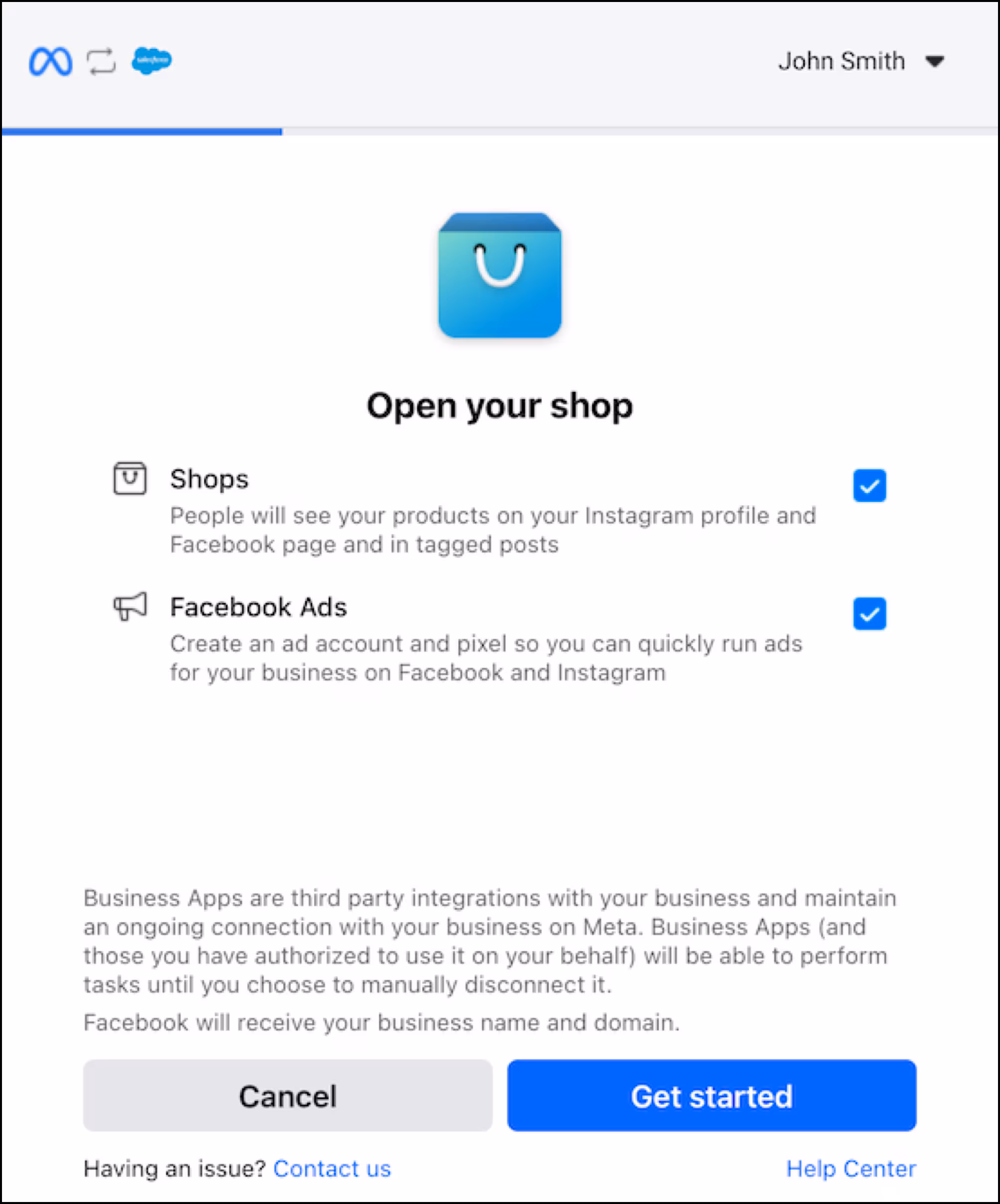 Select Shops and Facebook Ads options