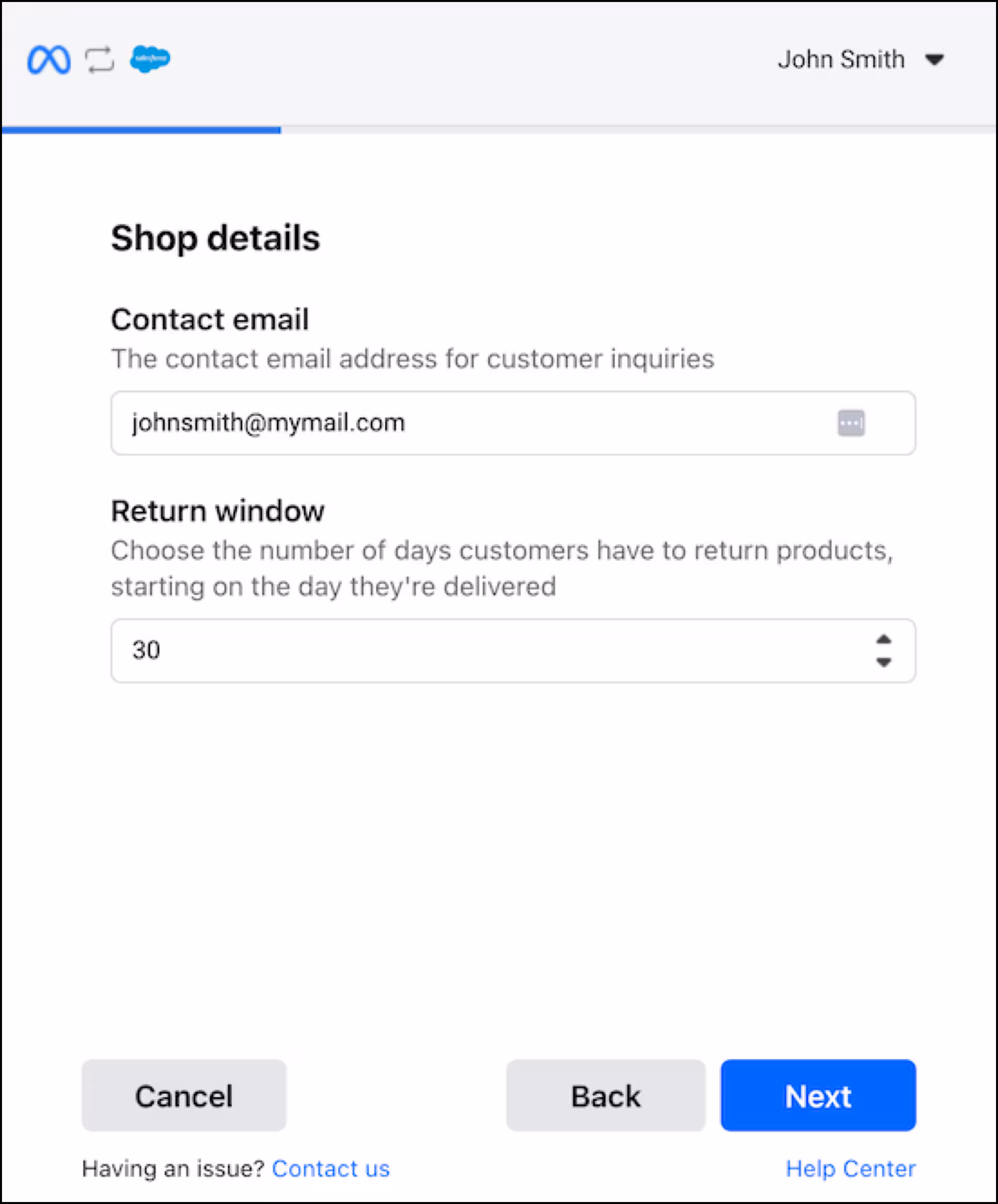 Enter contact email and return timeframe