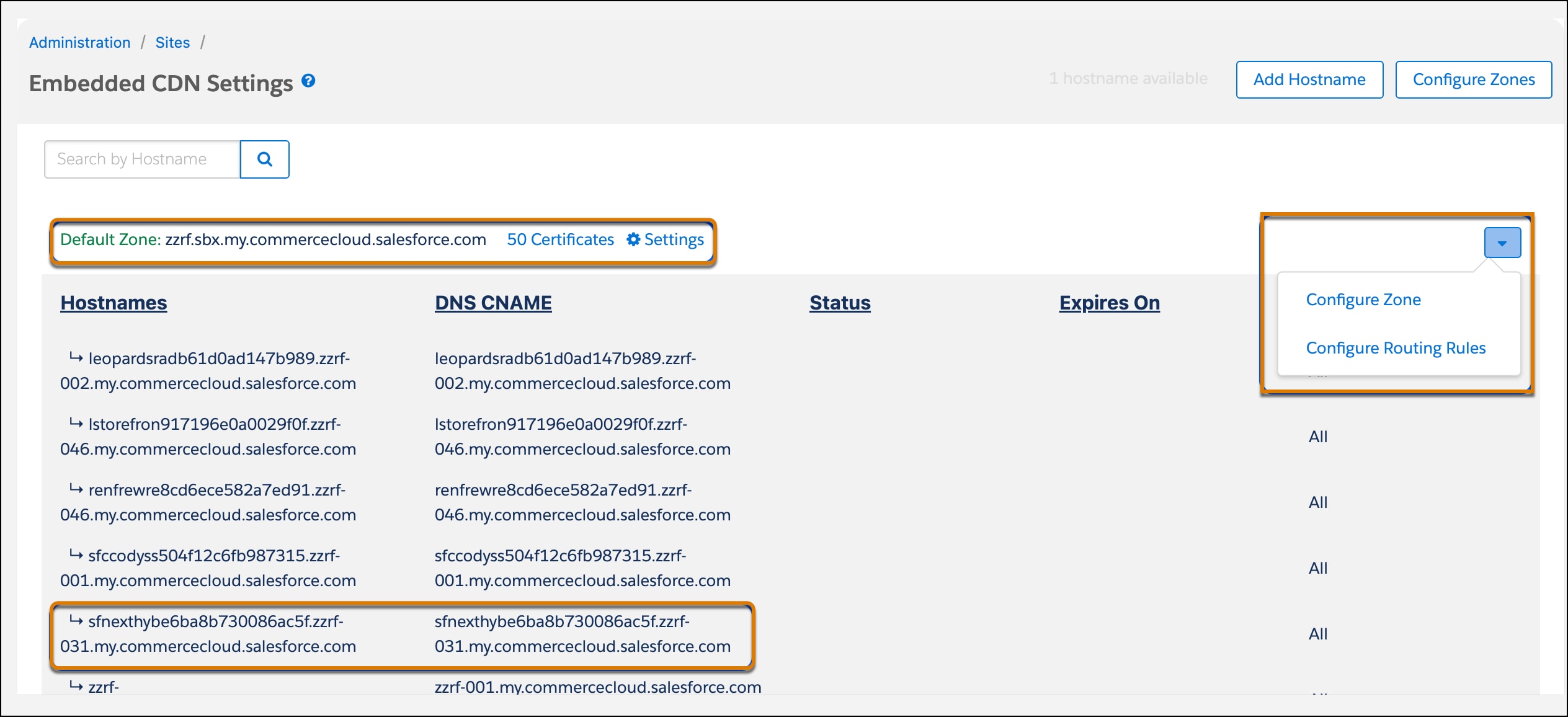 Embedded CDN settings zone actions for configuring routing rules
