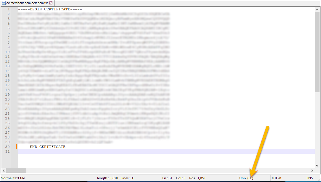Notepad++ status bar showing Unix (LF) line endings for a certificate file