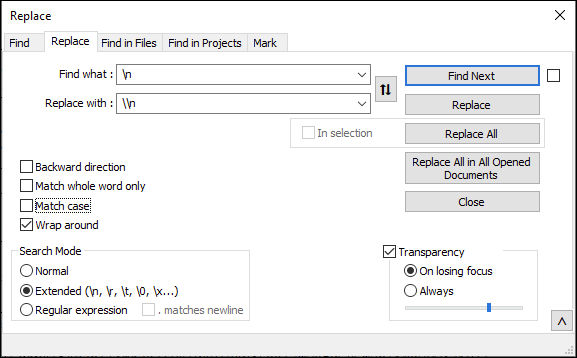 Notepad++ Replace dialog with Extended search mode selected and newline characters in Find what and Replace with