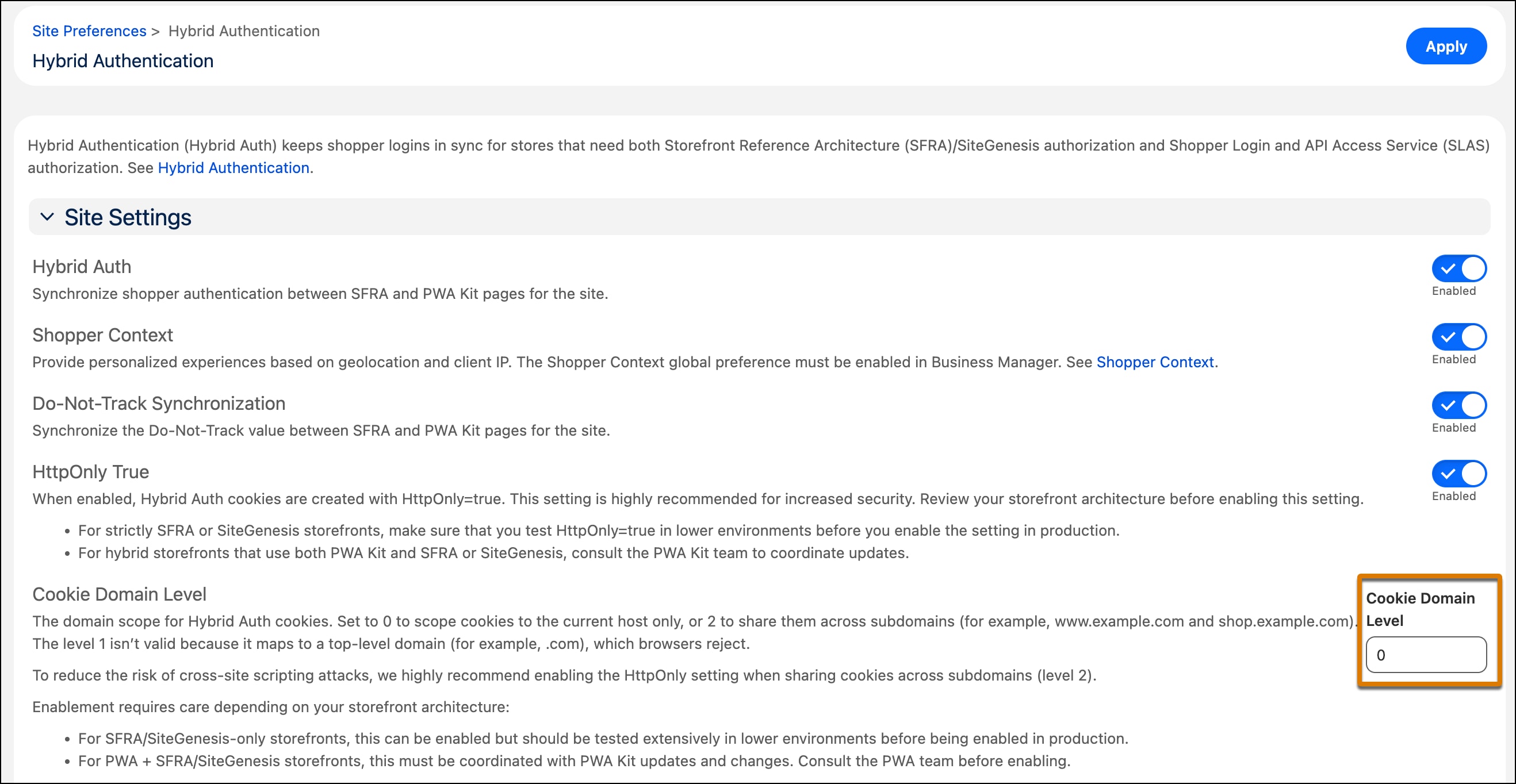 Hybrid auth cookie domain level setting