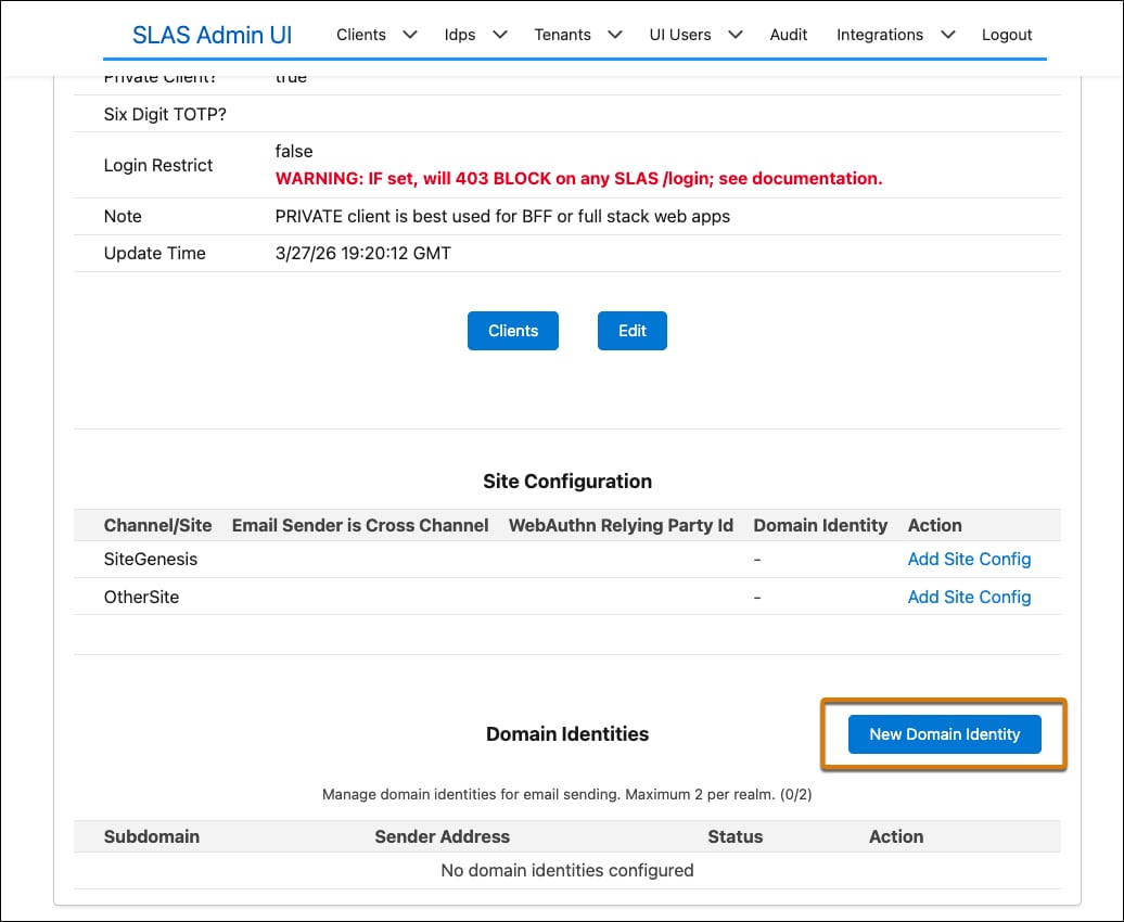 New Domain Identity button in the SLAS Admin UI