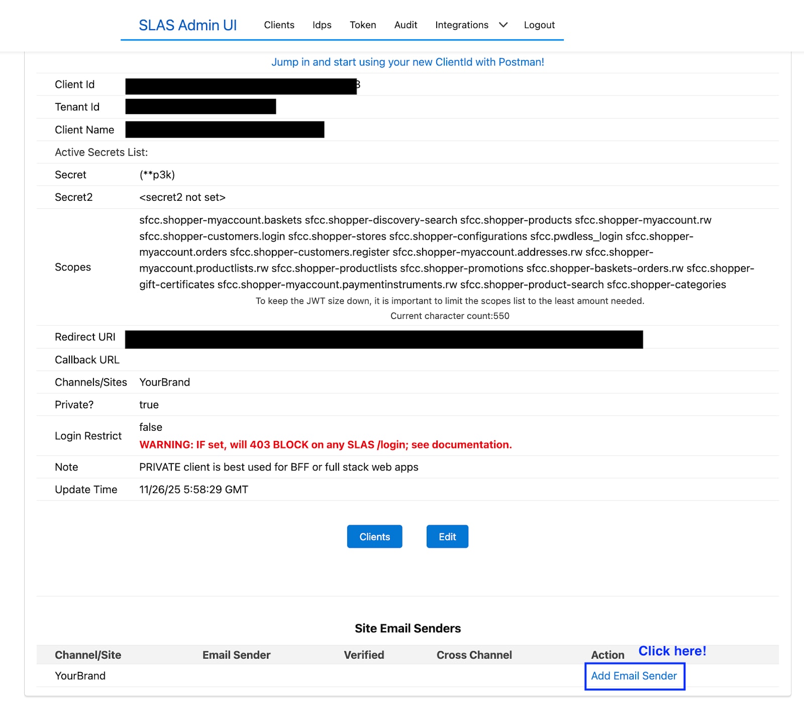 Add email sender in SLAS Admin UI
