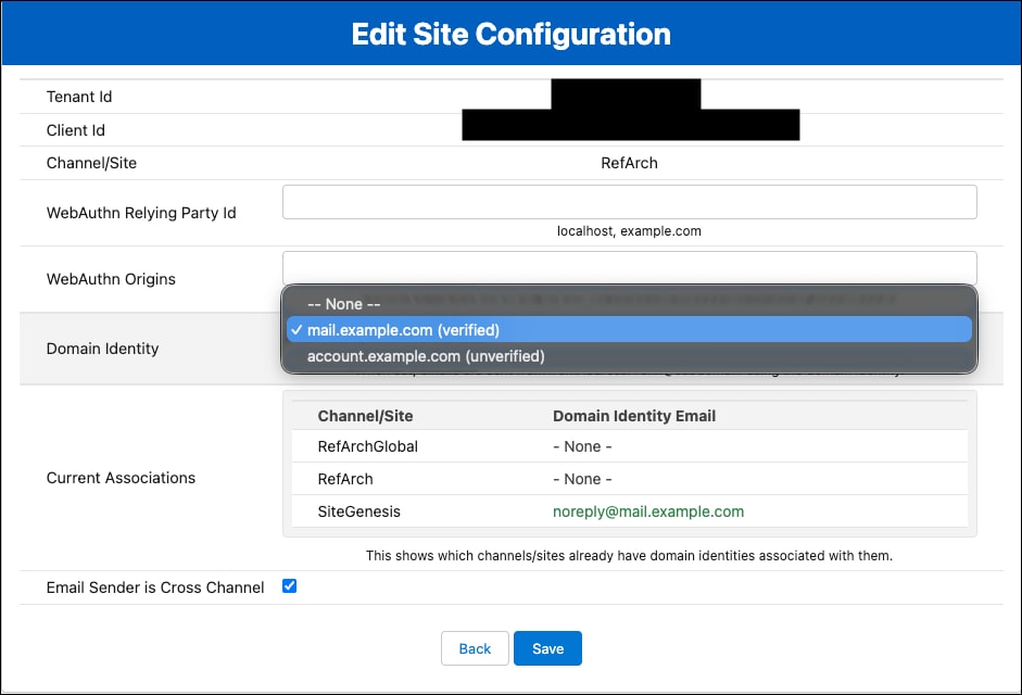 Edit Site Configuration page with domain identity dropdown highlighted.