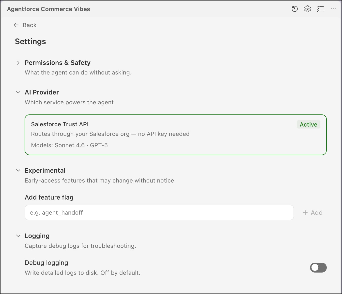 Settings panel for Agentforce Commerce Vibes