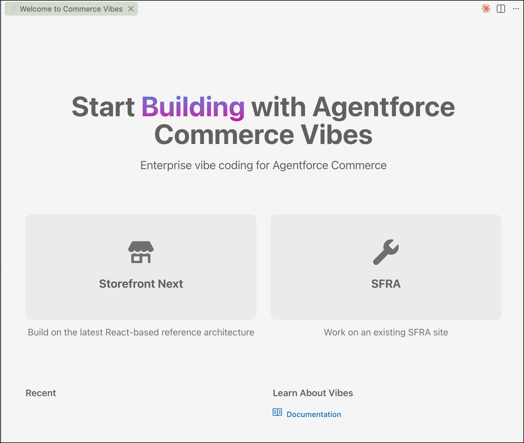 Welcome page appears the first time you launch Commerce Vibes