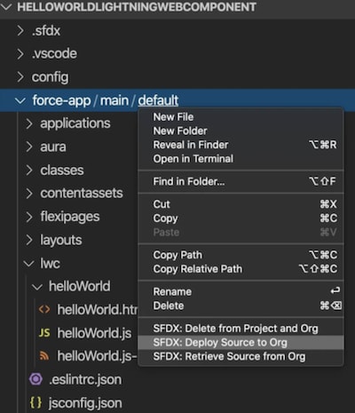Screenshot of SFDX deploy source to org menu in VS Code.