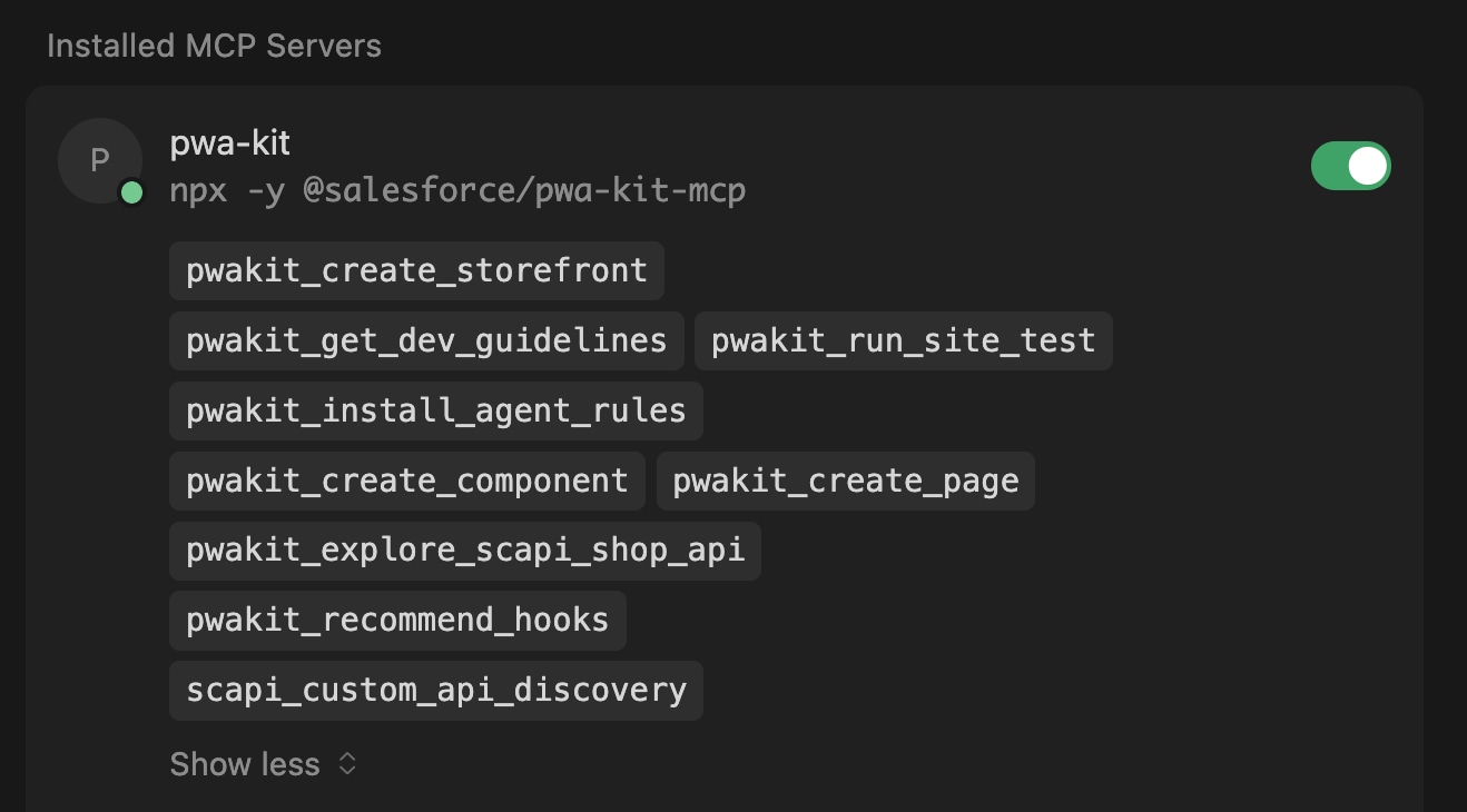 PWA Kit MCP tools available in Cursor settings
