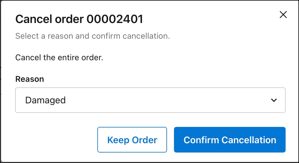 The cancel order modal with cancellation reasons
