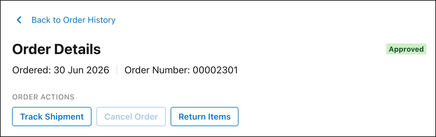Order detail page showing buttons for tracking shipments, canceling an order, and returning items
