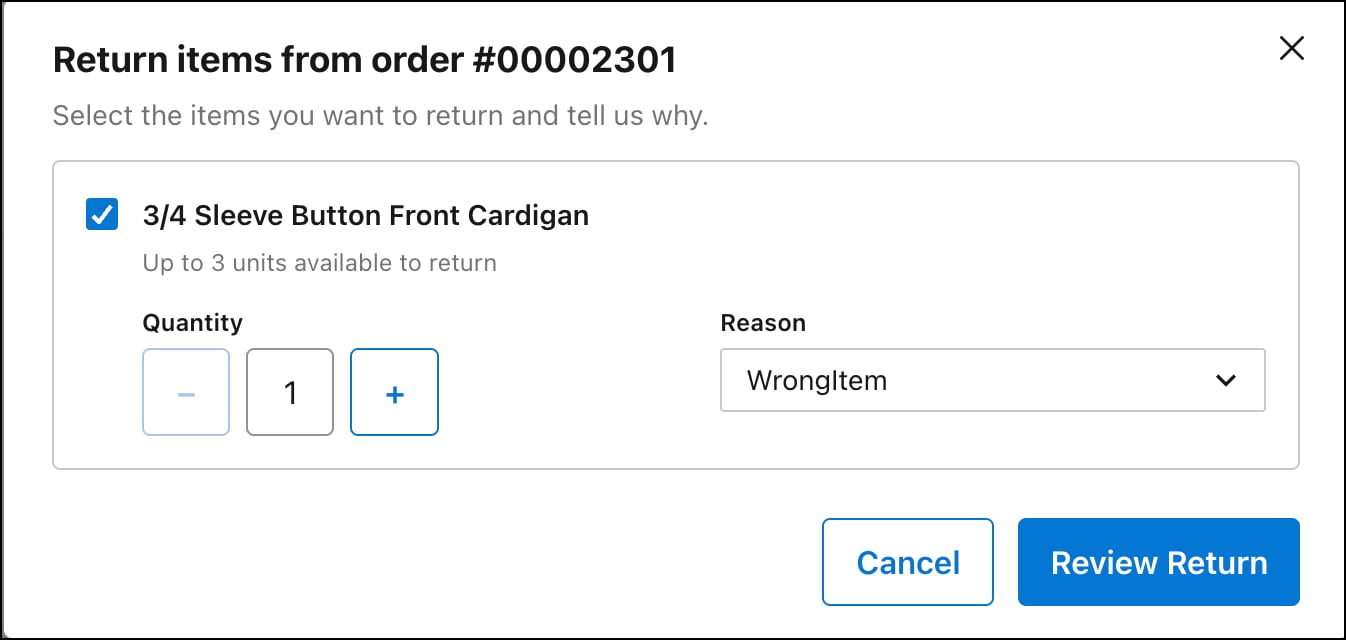 The return item modal with return reasons