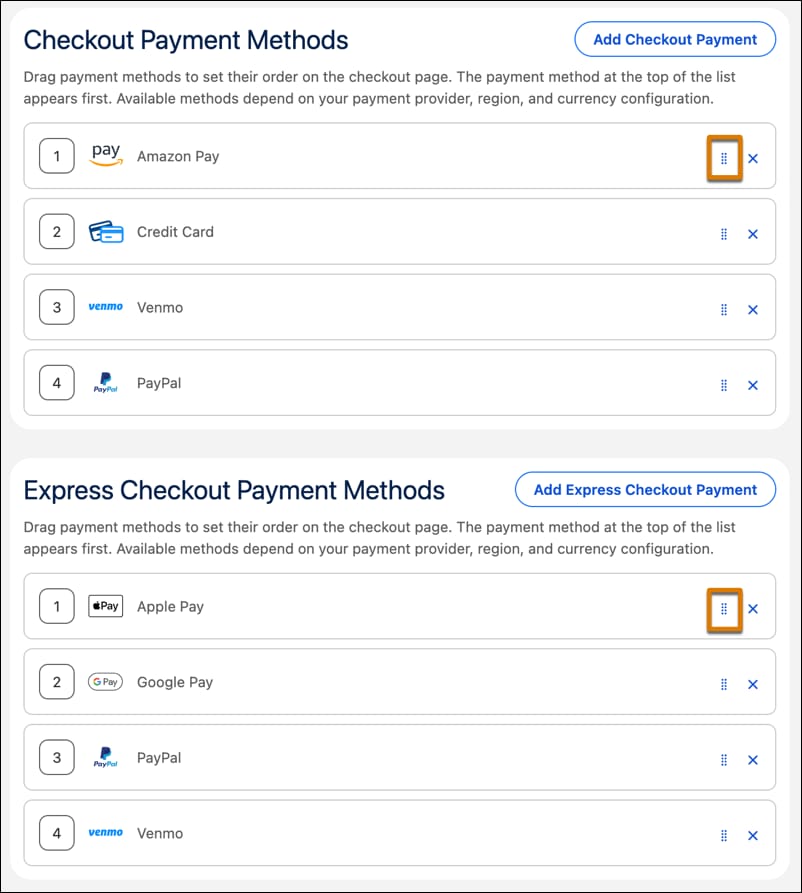 Add and reorder Checkout and Express Checkout payment methods