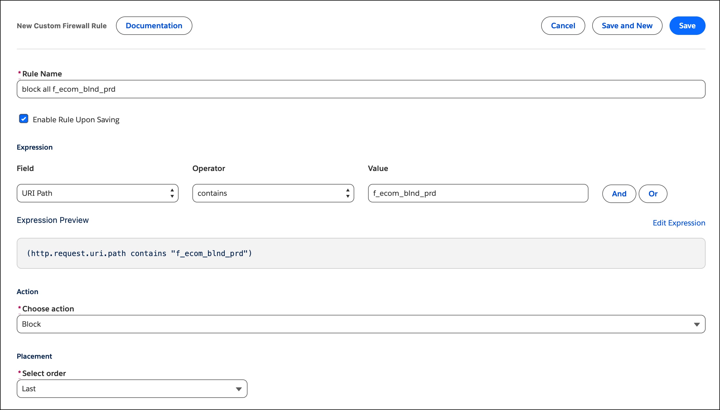 Example custom firewall rule blocking direct SCAPI traffic for the Production org, scoped by the f_ecom_blnd_prd path segment