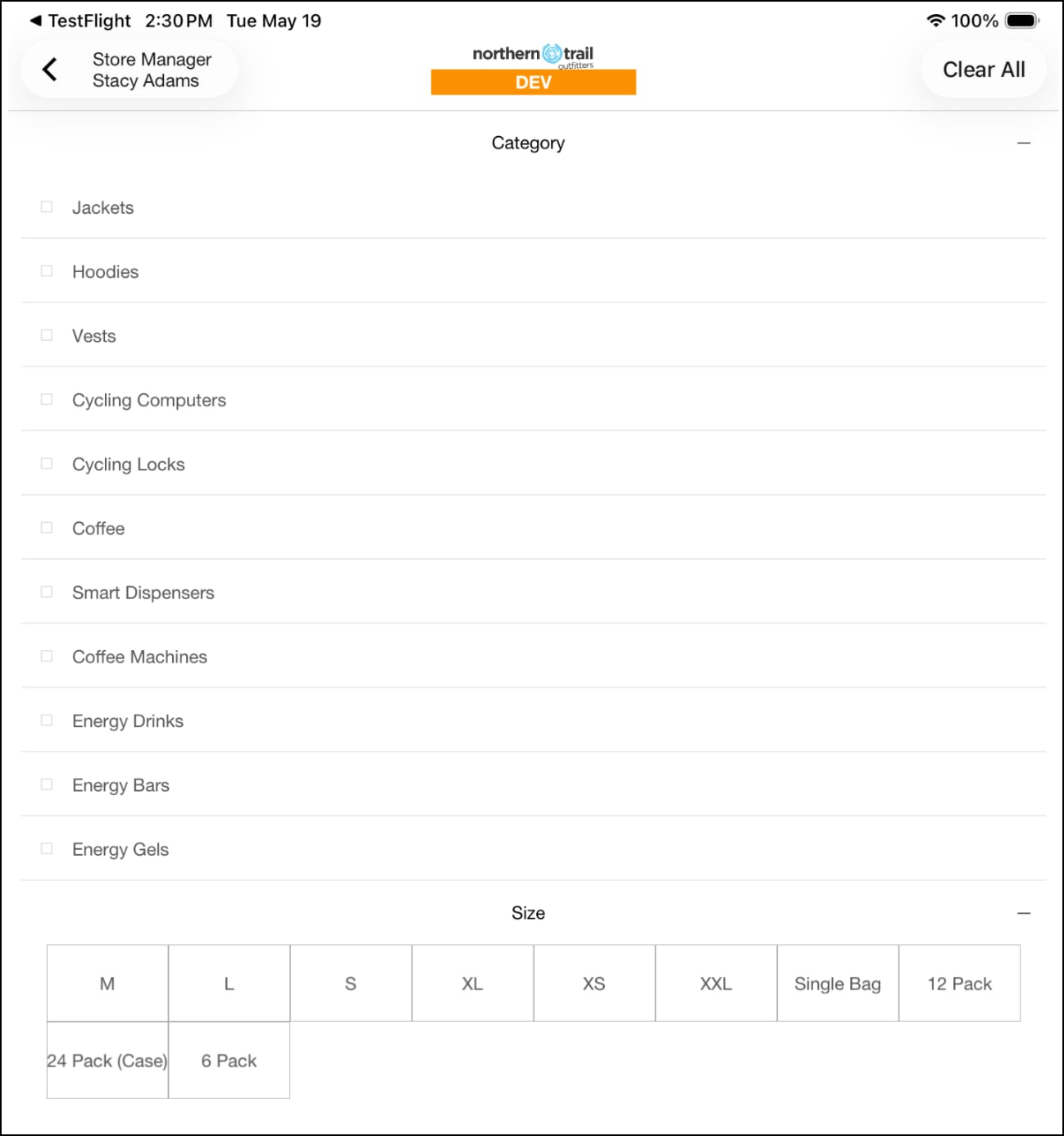The filter panel in the POS app showing Category and Size sections with selectable options.