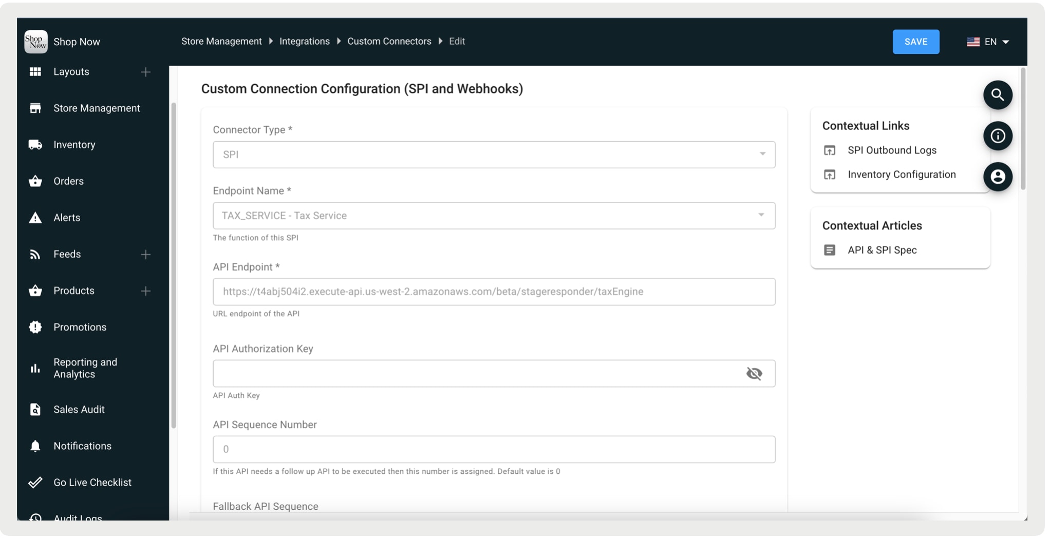 A screenshot shows the Custom Connection Configuration (SPI and Webhooks) dialog.