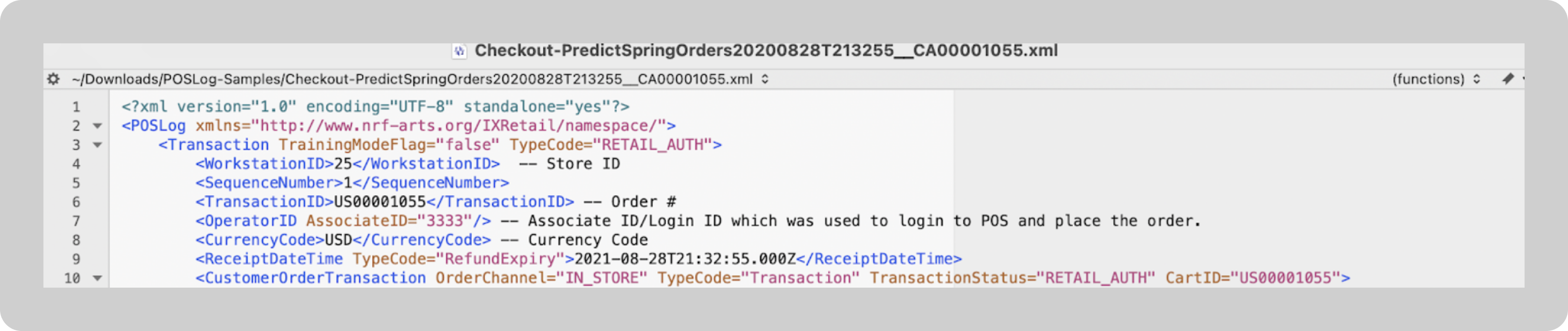 A screenshot show store ID, order number, associate ID, and others at the top of the tlog.