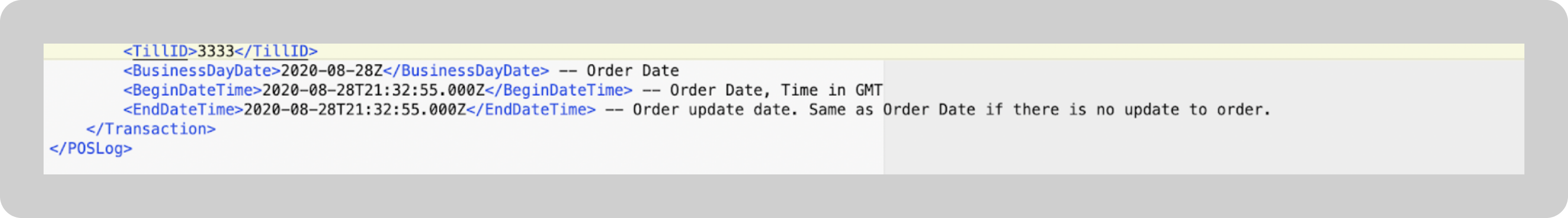 A screenshot shows the order date, order, update, date, and till ID at the bottom of the tlog file.